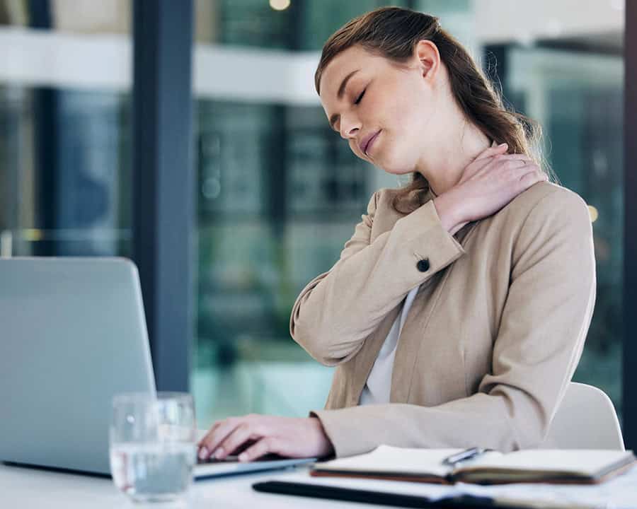 Neck pain, laptop and business woman stress, Fatigue, spine problem of HR person on her computer.